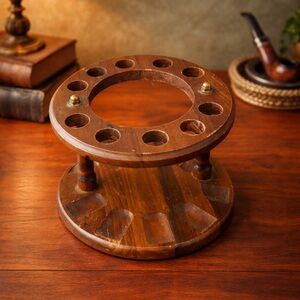 Vintage Wooden Pipe Stand 12 Slot Holder MCM